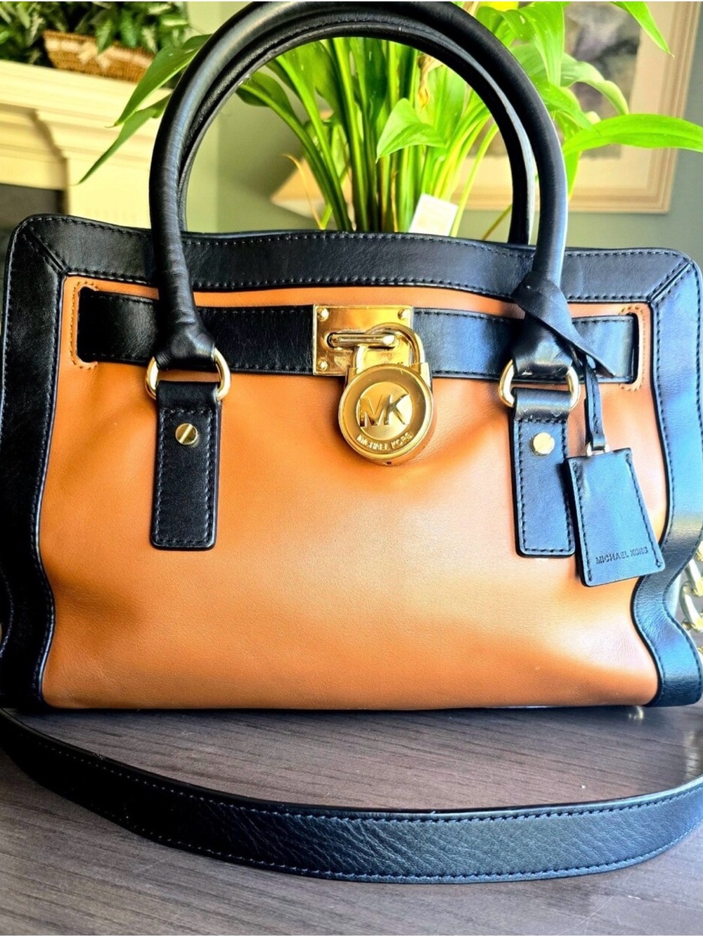 Michael Kors Tan and Black Leather Satchel with Gold Hardware